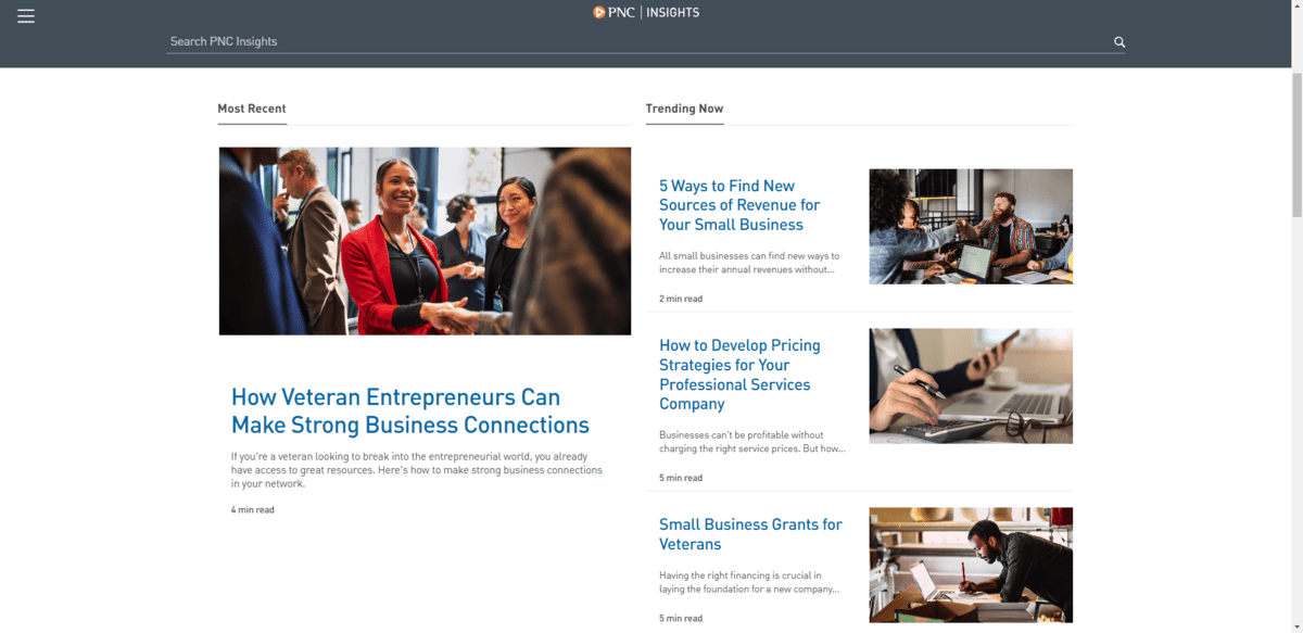 The PNC Insights page for Small Businesses. The most recent article is “How Veteran Entrepreneurs Can Make Strong Business Connections.” There are three trending posts on the right-hand side that deal with finding new sources of revenue, developing pricing strategies, and getting small business grants for veterans.