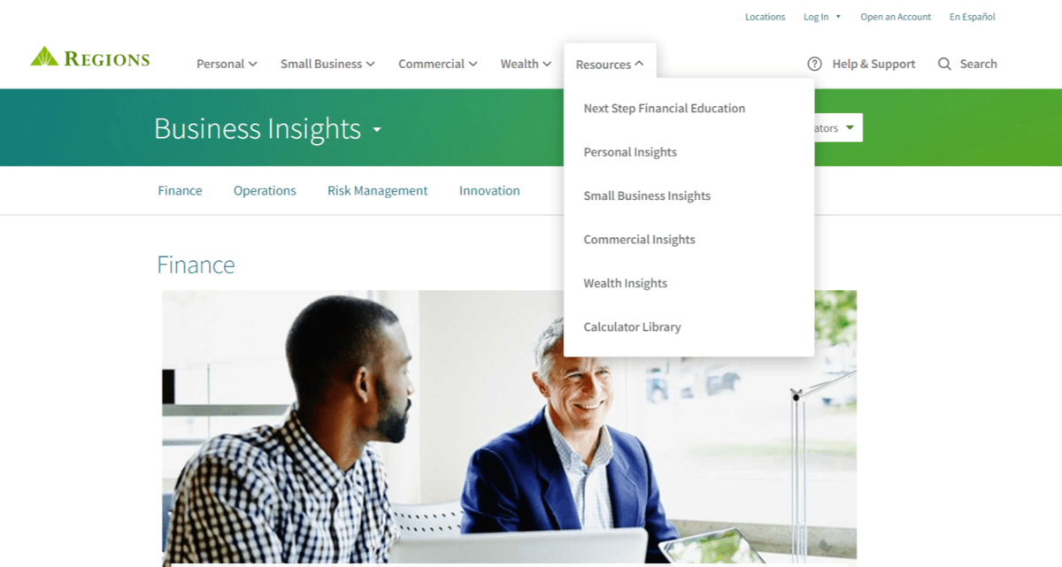 On the Regions Bank website is a section in the navigation called Resources. It contains different areas of the blog based on the type of customer: Personal Insights, Small Business Insights, Commercial Insight, and Wealth Insights.