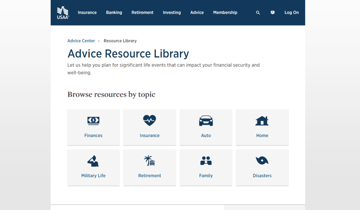 When USAA website visitors click on the Advice tab in the navigation, they’re taken to the Advice Resource Library page. At the top, users are invited to Browser resources by topic: Finances, Insurance, Auto, Home, Military Life, Retirement, Family, Disasters