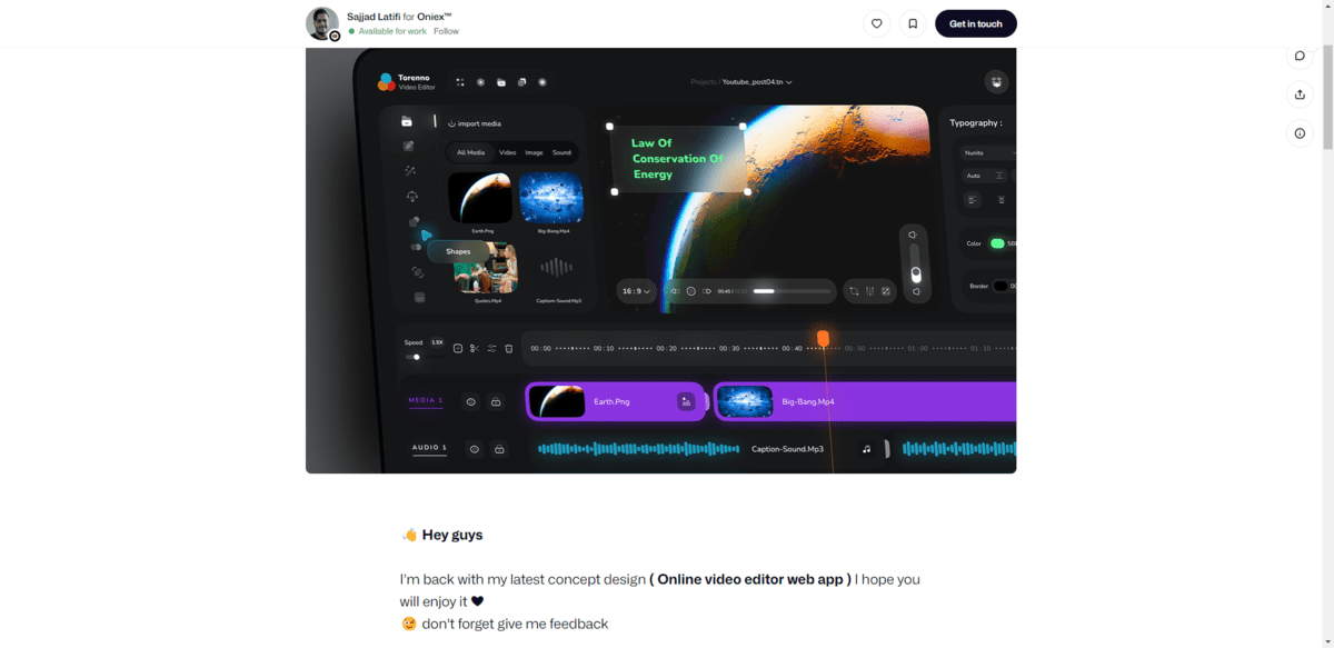 Dribbble user Sajjad Latifi uploaded a dark themed video editor app concept. Below the screenshot, he posted the following message: “Hey guys, I’m back with my latest concept design (Online video editor web app). I hope you will enjoy it. Don’t forget to give me feedback.”