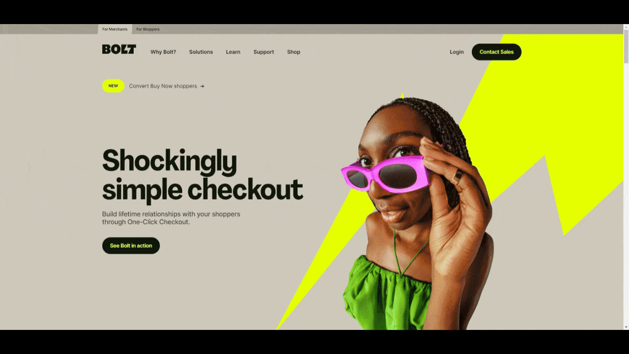 Five examples of fintech website home pages that use bold color palettes: Bolt’s neon yellow highlights, Rapyd’s blue-and-green duotone image with neon pink lettering, Nomad’s bright yellow hero section, Cash App’s fuschia-colored background and image, Wise’s lime green background color and button.