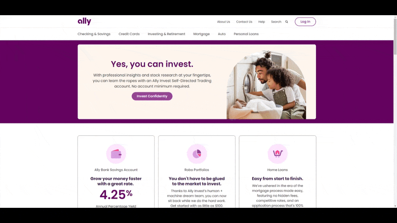 Four examples of fintech website home pages that use purple: Ally’s fuschia hero section background color, Nubank’s royal purple hero section background, Circle’s light pastel background color, and Zelle’s vibrant purple background and button colors.