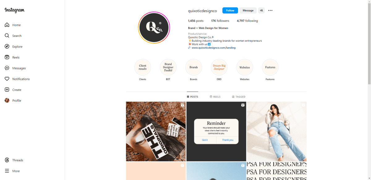 This is the Instagram page for @quixoticdesignco. They are a brand and web design company that helps women entrepreneurs.
