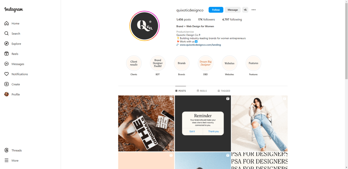 This is the Instagram page for @quixoticdesignco. They are a brand and web design company that helps women entrepreneurs. This is the Instagram page for @quixoticdesignco. They are a brand and web design company that helps women entrepreneurs.