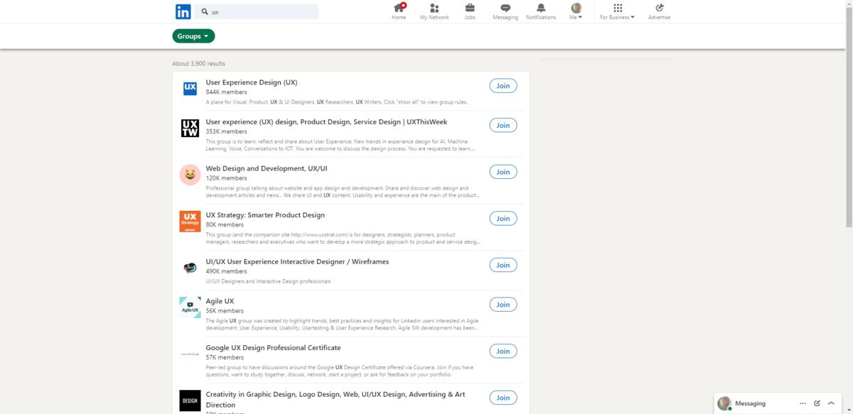 A search on LinkedIn for “ux” groups pulls up 3,900 relevant results for User Experience Design, Web Design and Development, UX Strategy, Agile UX, and more.