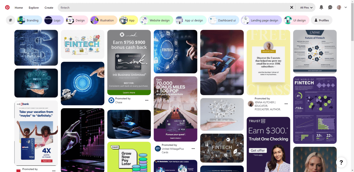 A search for “fintech” on Pinterest comes up with different types of results. Users can click on the pins or they can use the categories at the top to dig into more specific types of fintech content related to Branding, Logo, Design, Illustration, App, and more. A search for “fintech” on Pinterest comes up with different types of results. Users can click on the pins or they can use the categories at the top to dig into more specific types of fintech content related to Branding, Logo, Design, Illustration, App, and more.