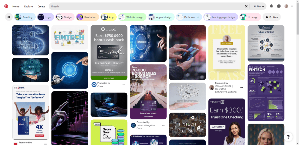A search for “fintech” on Pinterest comes up with different types of results. Users can click on the pins or they can use the categories at the top to dig into more specific types of fintech content related to Branding, Logo, Design, Illustration, App, and more.