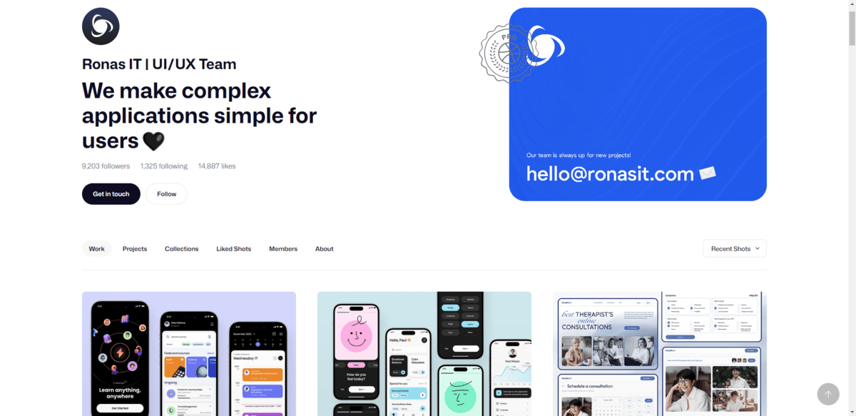 A screenshot of the top of the Dribbble page for Ronas IT / UI/UX team. We see some examples of their mobile and desktop works and mockups at the bottom. A screenshot of the top of the Dribbble page for Ronas IT / UI/UX team. We see some examples of their mobile and desktop works and mockups at the bottom.