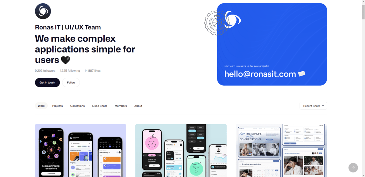 A screenshot of the top of the Dribbble page for Ronas IT / UI/UX team. We see some examples of their mobile and desktop works and mockups at the bottom.