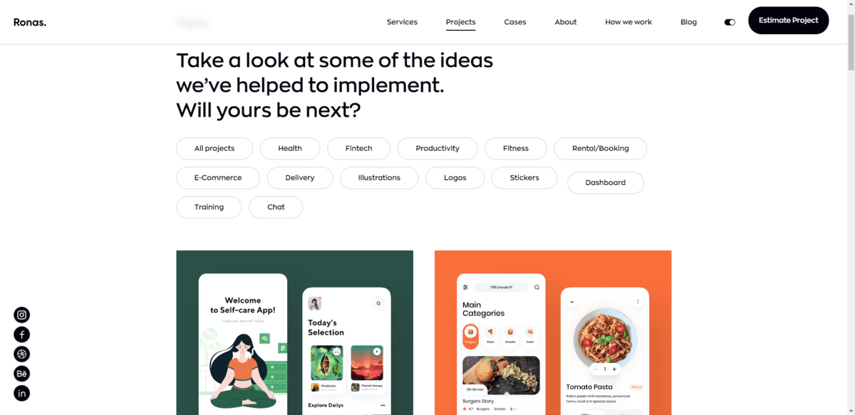 A screenshot of the top of the Projects page for Ronas IT. We see two examples — one for a self-care app and one for a recipe app. Other project categories are offered at the top for Health, Fintech, Productivity, Fitness, Rental, E-Commerce, Delivery, Illustrations, Logos, Stickers, Dashboard, Training, and Chat.