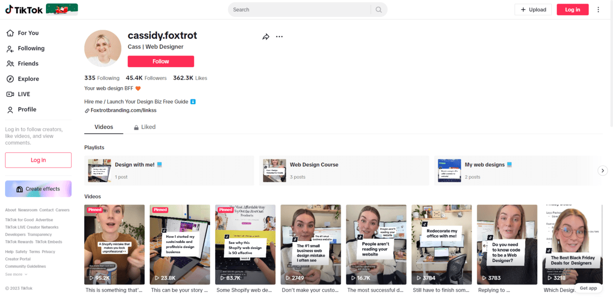 Screenshot from the account of @cassidy.foxtrot on TikTok Her bio reads: “Your web design BFF. Hire me / Launch Your Design Biz Free Guide”. Below the description is a link to her “Work With Me” page. Screenshot from the account of @cassidy.foxtrot on TikTok Her bio reads: “Your web design BFF. Hire me / Launch Your Design Biz Free Guide”. Below the description is a link to her “Work With Me” page.