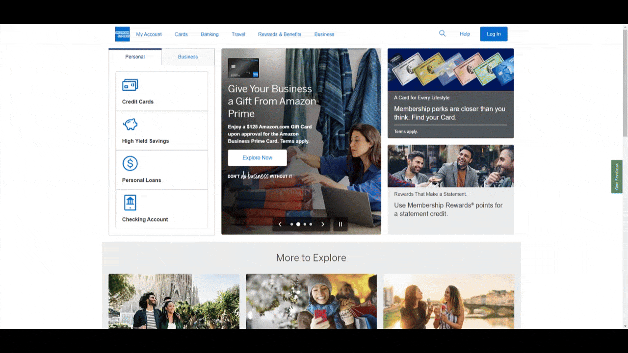 A GIF shows the home pages for American Express, JPMorgan Chase, Citi, Transamerica, and Bank of America. All of the websites use a solid white background. Blue is the prominent accent color. In some cases, red appears — like on the Bank of America and Transamerica pages. A GIF shows the home pages for American Express, JPMorgan Chase, Citi, Transamerica, and Bank of America. All of the websites use a solid white background. Blue is the prominent accent color. In some cases, red appears — like on the Bank of America and Transamerica pages.