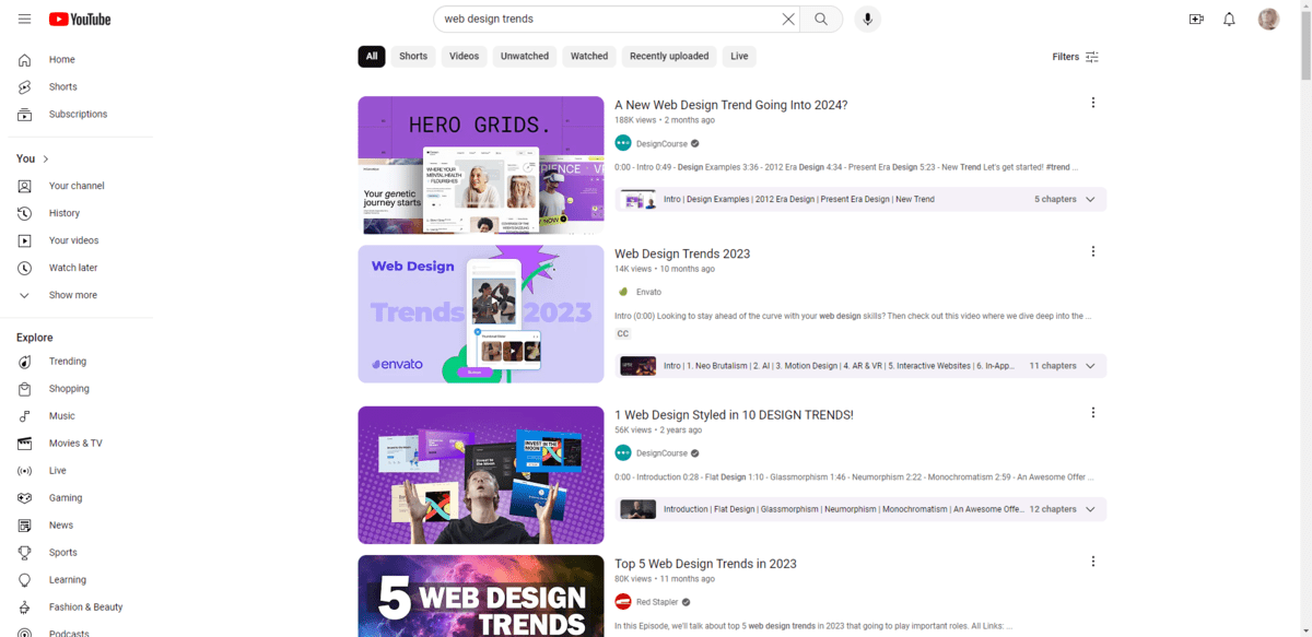 A search for “web design trends” on YouTube yields matching videos from channels like DesignCourse, Envato, and RedStapler.