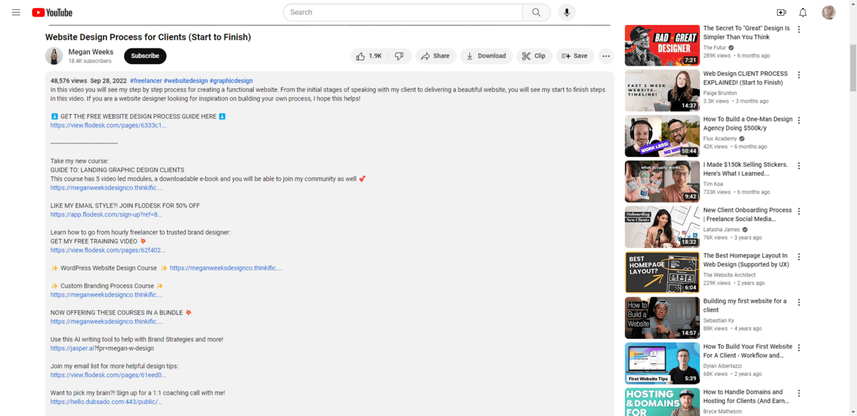 Beneath a YouTube video called “Website Design Process for Clients (Start to Finish)”, Megan Weeks has included a short description of the video along with relevant links to her courses, shop, and affiliate partners.