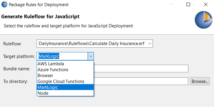 Screenshot of a window showing MarkLogic selected as Target platform. Other options are available, including AWS Lambda, Azure Functions, Browser, Google Cloud Functions and Node. Screenshot of a window showing MarkLogic selected as Target platform. Other options are available, including AWS Lambda, Azure Functions, Browser, Google Cloud Functions and Node.