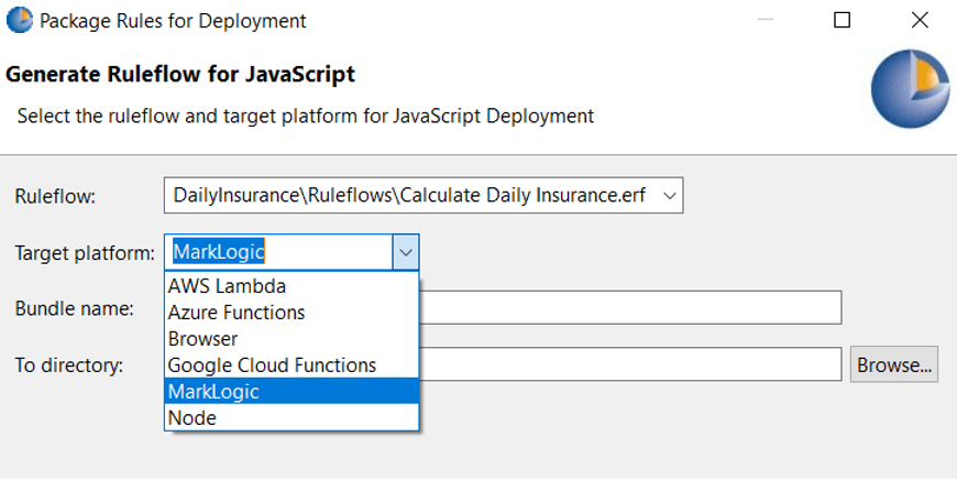 Screenshot of a window showing MarkLogic selected as Target platform. Other options are available, including AWS Lambda, Azure Functions, Browser, Google Cloud Functions and Node.