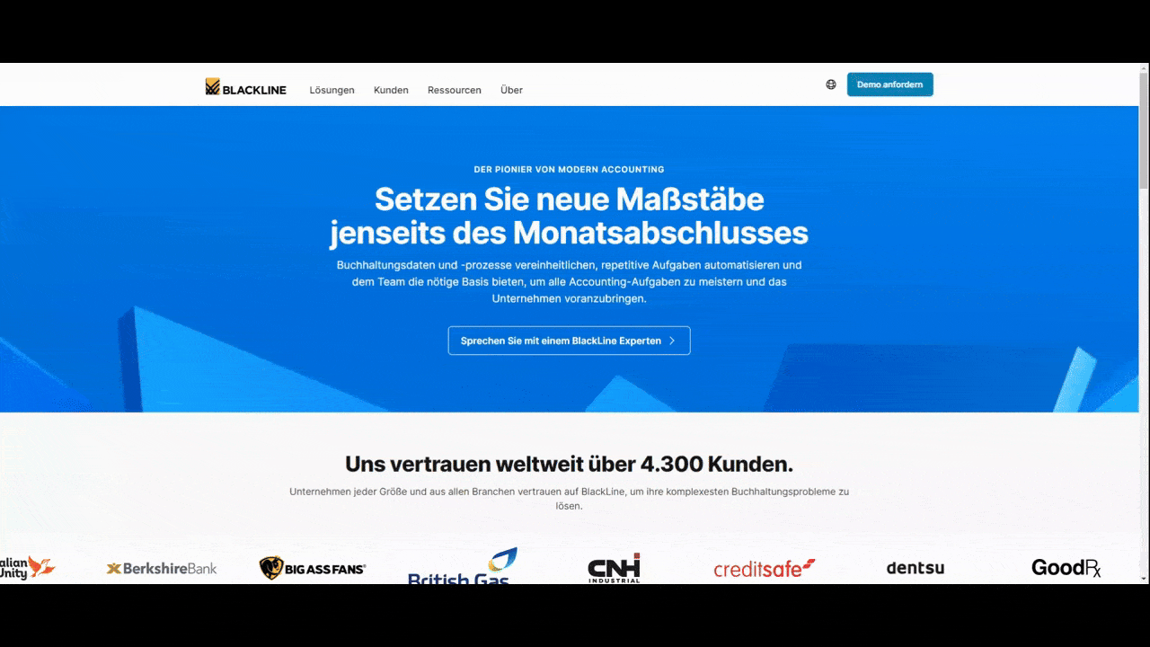 In this GIF, we see the BlackLine home page in German. Using the language switcher in the top, the language changes to Chinese and the text shrinks in the hero image. There is no longer a subheadline and the description goes from three lines to one. The color of the background and the formatting of the text also changes.
