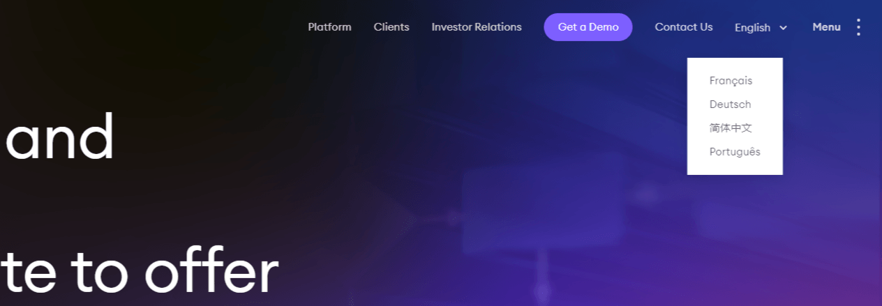 At the top of the Enfusion website, users can click the English dropdown to select another language: French, German, Chinese, or Portguese. At the top of the Enfusion website, users can click the English dropdown to select another language: French, German, Chinese, or Portguese.