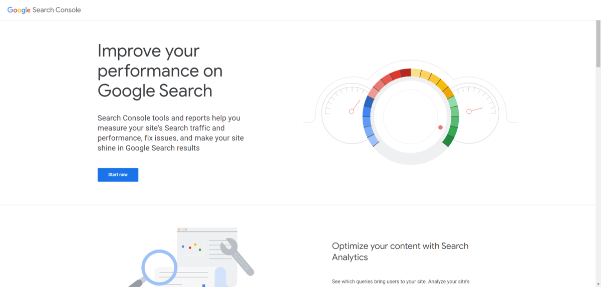 To start using Google Search Console, go to https://search.google.com/search-console/about. Click the “Start now” blue button.
