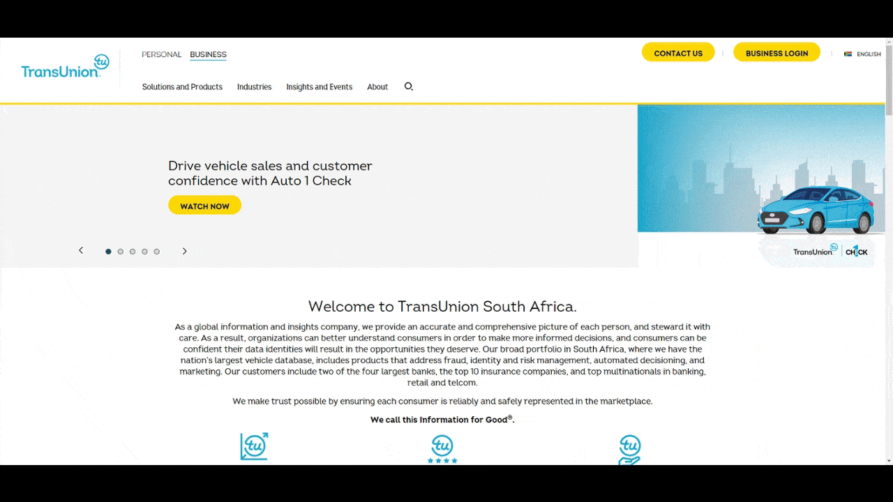 A GIF shows different versions of the TransUnion website. The first is for South Africa and is in English with an illustration of a blue car. The second is for Mexico and is in Spanish with a photo of a couple looking at a contract. The third is for Mumbai and is in English with a photo of a couple on their computer. The fourth is for Hong Kong and is in Chinese with a photo of a proud businesswoman. The fifth is for Brazil and is in Portuguese with a photo of female podcaster or radio host. A GIF shows different versions of the TransUnion website. The first is for South Africa and is in English with an illustration of a blue car. The second is for Mexico and is in Spanish with a photo of a couple looking at a contract. The third is for Mumbai and is in English with a photo of a couple on their computer. The fourth is for Hong Kong and is in Chinese with a photo of a proud businesswoman. The fifth is for Brazil and is in Portuguese with a photo of female podcaster or radio host.