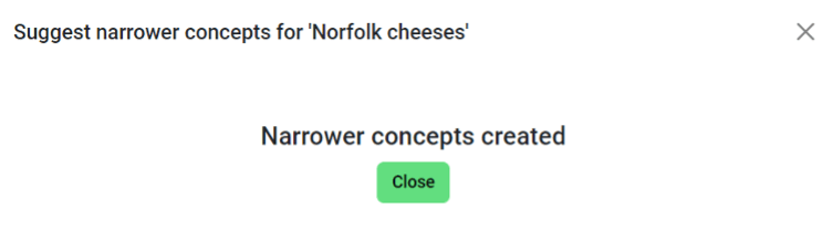 Image showing the confirmatory message returned by KMM after the successful addition of the newly generated child concepts to the model.