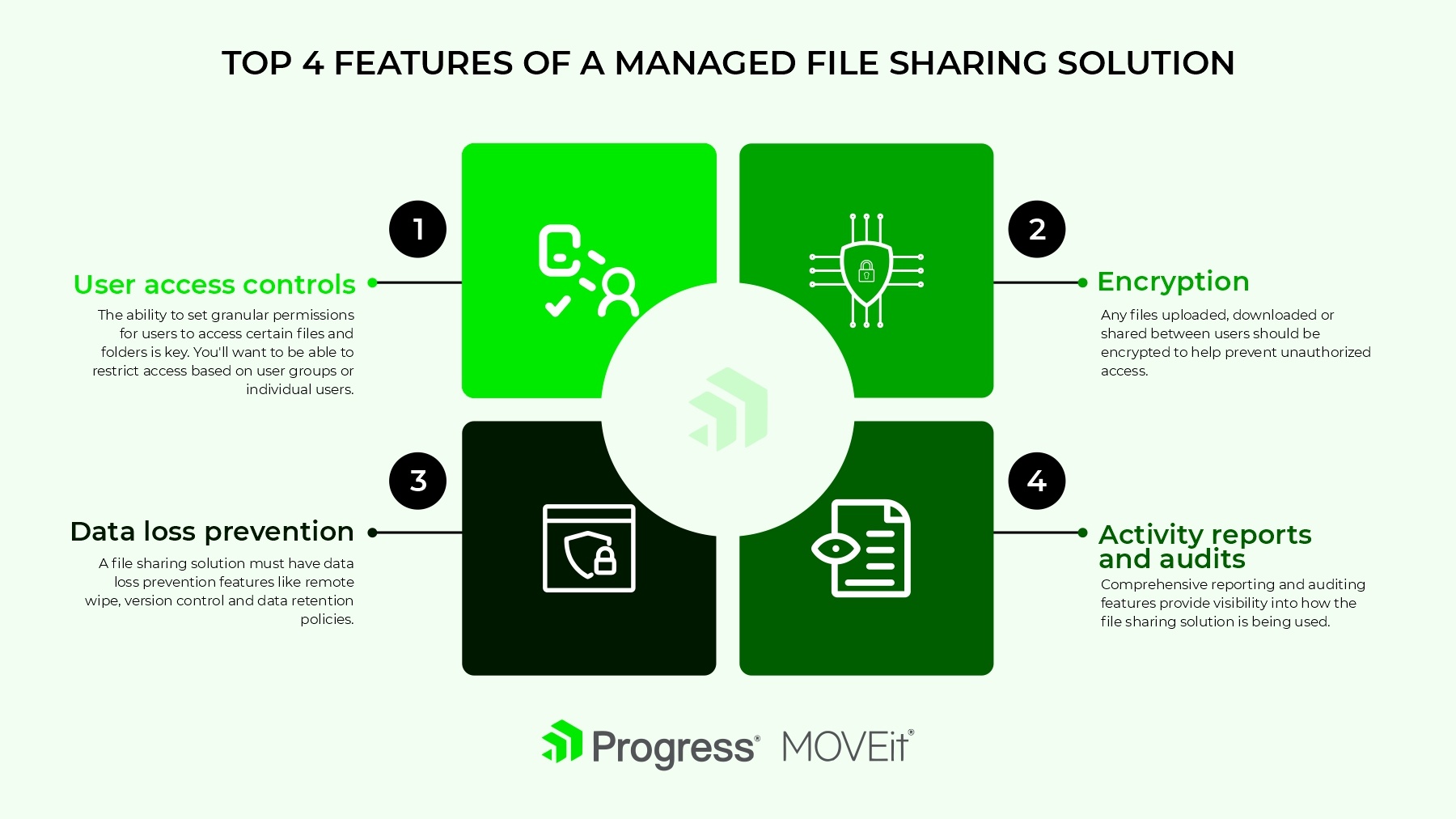 Top-4-Funktionen einer verwalteten File-Sharing-Lösung:  Benutzerzugriffskontrolle, Schutz vor Datenverlust, Verschlüsselung, Aktivitätsberichte und Audits