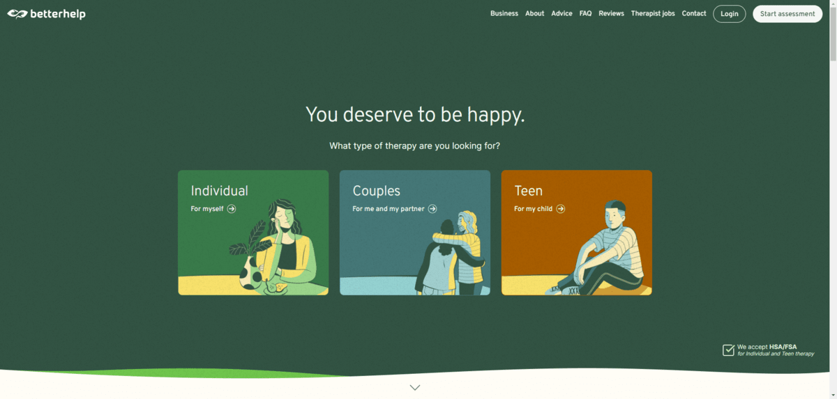 A screenshot of the BetterHelp home page. BetterHelp is a platform that helps patients find virtual mental health providers.