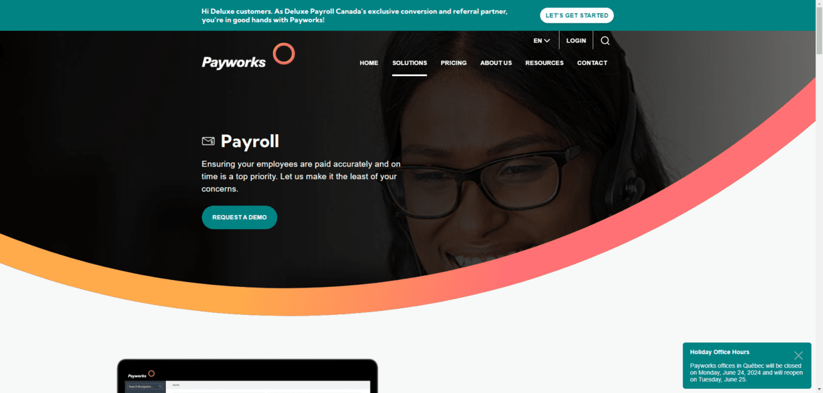 Screenshot of the Payworks home page. We’re focusing on the larger and bolder “Payroll” heading compared to the smaller paragraph description beneath it.