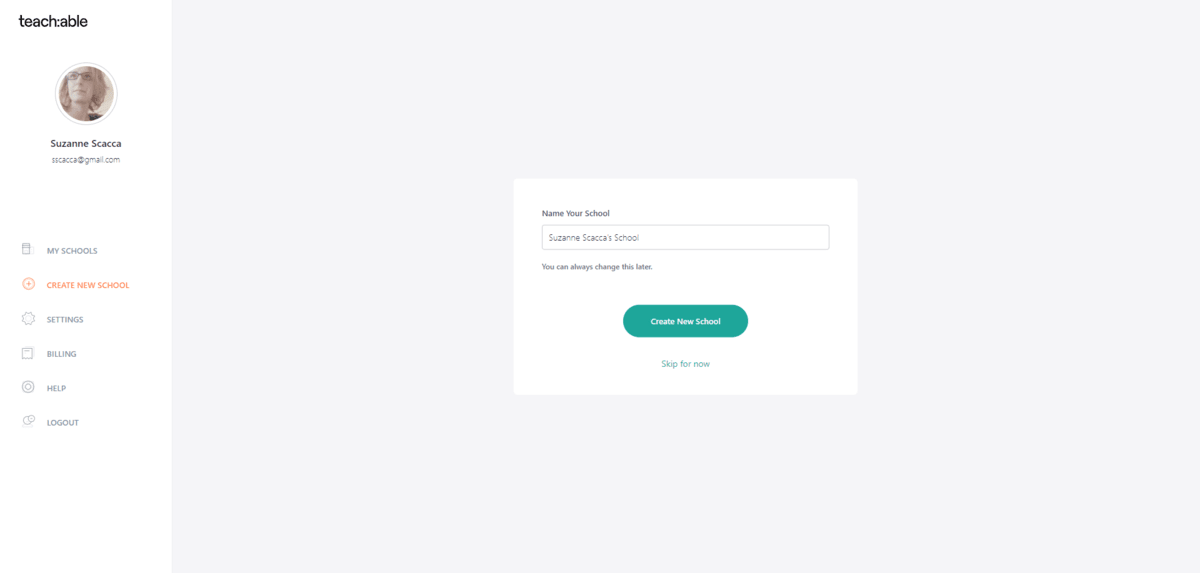 A screenshot from inside the Teachable teacher interface. From here, course creators and teachers can create new schools and publish their courses.