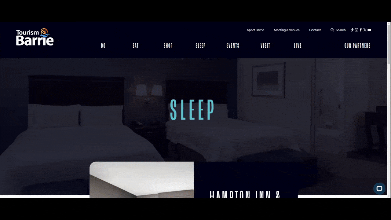 A GIF shows what the Tourism Barrie Sleep & Stay page looks like. We see the tall and narrow headings used at the top and in the middle of the page compared with the rounder and spacier paragraph and descriptor fonts.