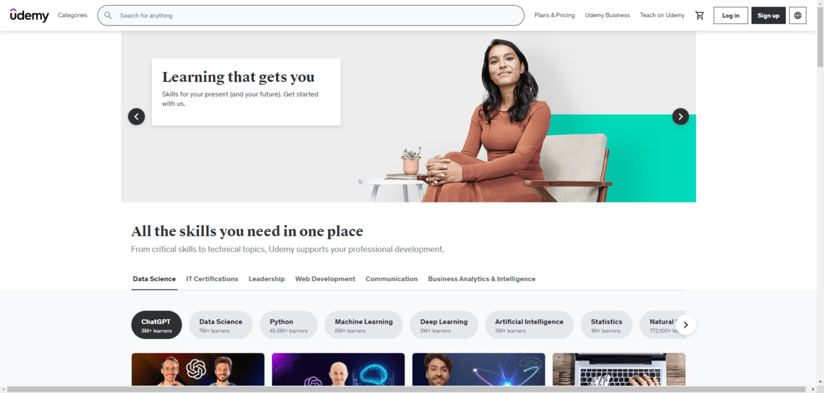 A screenshot of the Udemy home page. Udemy is a hosted course platform where educators and course creators go to publish their educational content.