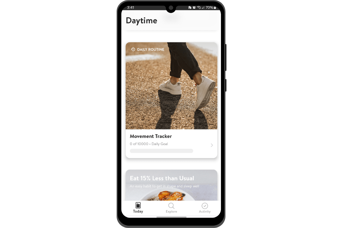 The Asana Rebel yoga mobile app. We see a block on the Today screen that says “Movement Tracker”. When connected to the user’s device, it will show how many steps closer they are to their daily goal of 10,000 steps.