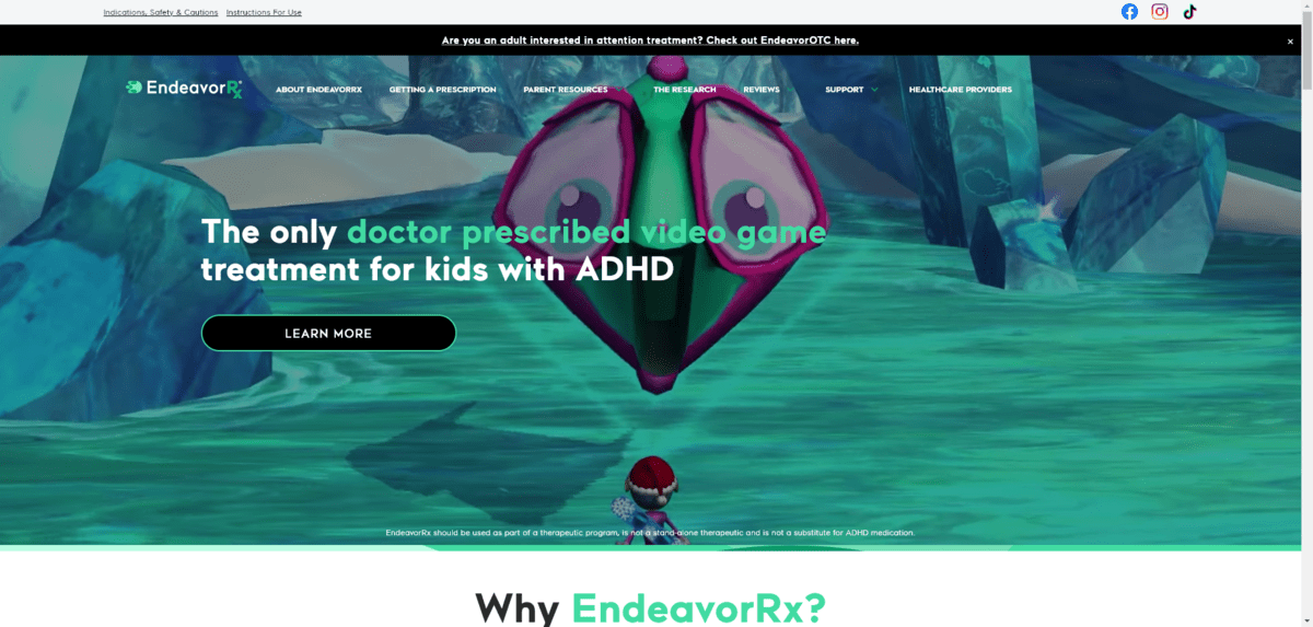 The home page for EndeavorRX. The hero section contains a video showing some of the game play in the background. The text in front reads: “The only doctor prescribed video game treatment for kids with ADHD”.