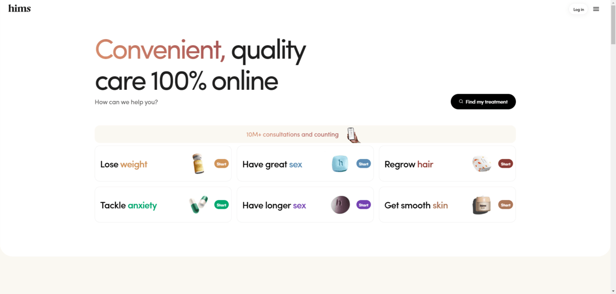 The home page for Hims. The text at the top reads: “Convenient, quality care 100% online”. Below is a list of 6 popular solutions to choose from: Lose weight, Have great sex, Regrow hair, Tackle anxiety, Have longer sex, Get smooth skin.