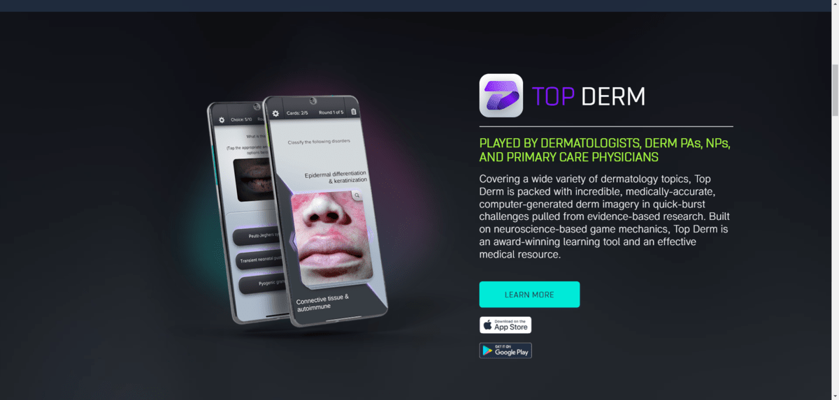 The Level Ex Games page shows off different mobile games they’ve developed for medical professionals. The one we see in this screenshot is called Top Derm and it shows a woman’s face with red patches of skin on the smartphone screen.