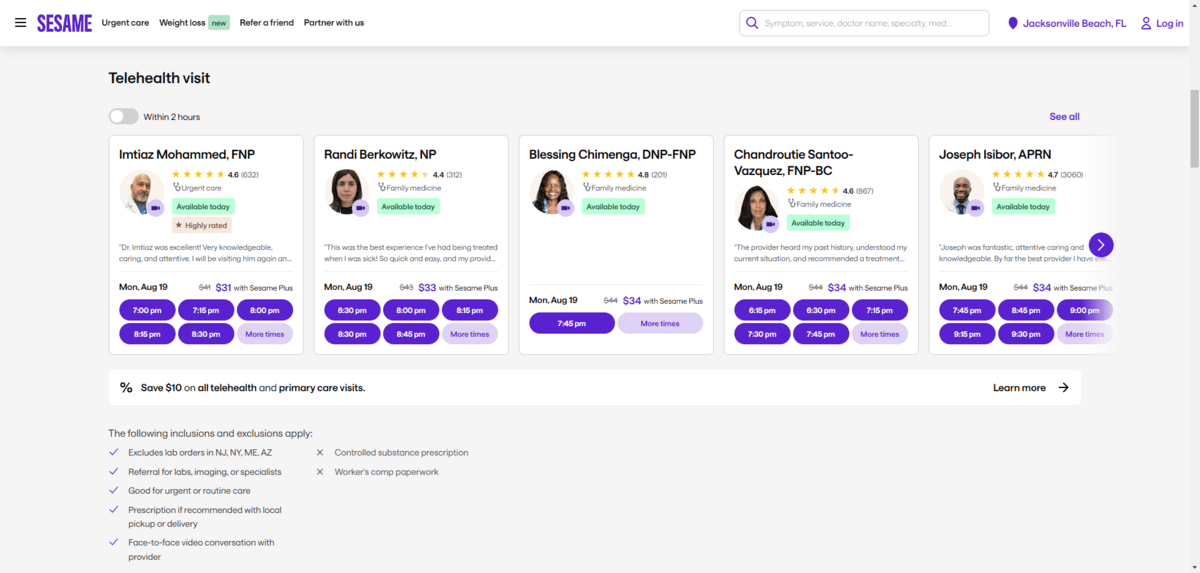 The home page of the Sesame website. Here we see a screenshot of the Telehealth visit section. There are five provider profiles shown, each with a headshot, patient rating, availability notice, pricing, and days/times available for scheduling..