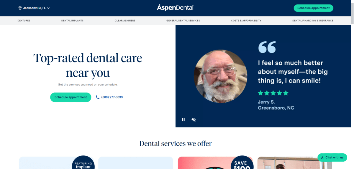 The Aspen Dental website uses a dark blue as its primary color. We see it across the top in the logo banner above the navigation as well as behind the testimonial block in the hero section.