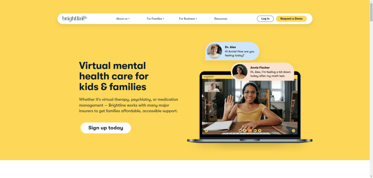 Brightline is a company that provides virtual mental health care for kids and their families. As such, the vibrant yellow background color and “Request a Demo” button in the header work really well for this brand.