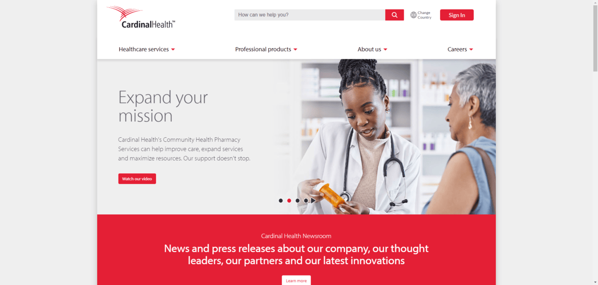 A screenshot of the Cardinal Health homepage shows where the color red is used in the logo, search form, “Sign In” button, Newsroom callout block, and more.