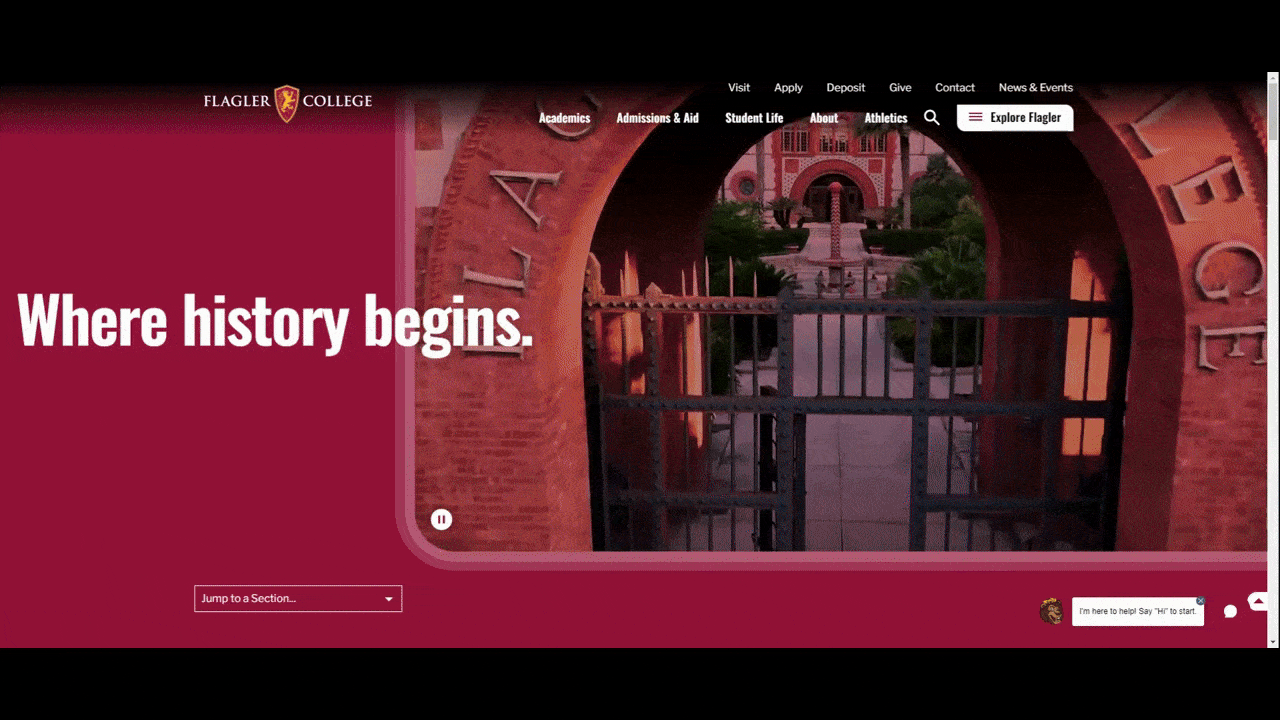 A GIF of the home page of the Flagler College website. We see an immersive video in the hero section. Some background color changes from red to yellow and yellow to dark blue as users scroll down the page. Each section of the page is fullscreen and has a mix of large imagery and small sections of text.