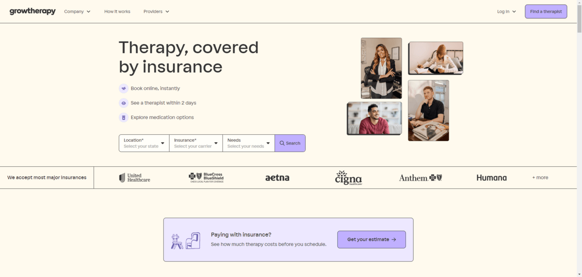 A screenshot of the Grow Therapy website. While the growtherapy logo is black, it’s an off-black color that looks much softer and less intimidating than the full #000000 black. Also, a lilac-inspired purple accent color and pastel yellow background color help create a friendly digital interface.