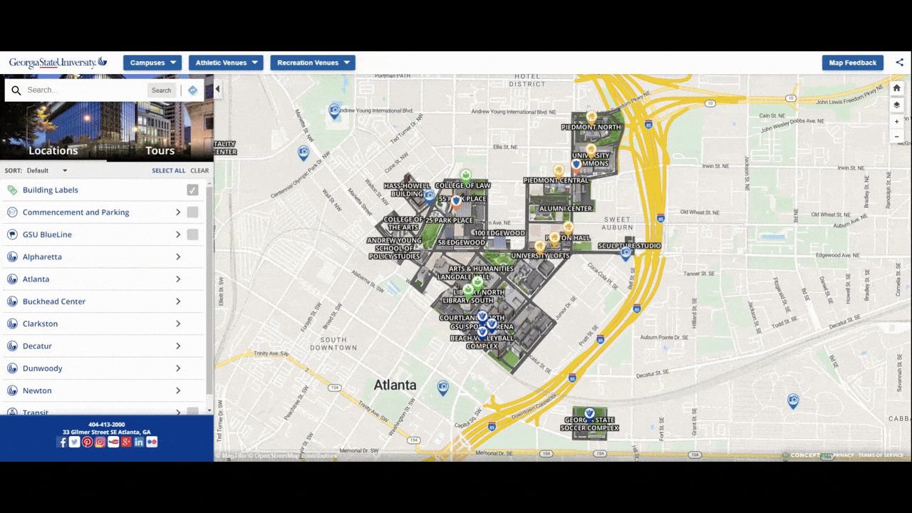 A GIF that shows how the interactive map of the Georgia State University campus works. On the map, users can see various points of interest around the main campus. There’s also a sidebar on the left that enables them to view Locations or take virtual Tours. From the Locations tab, they can locate buildings like the Convocation Center as well as the Georgia State Soccer Campus..