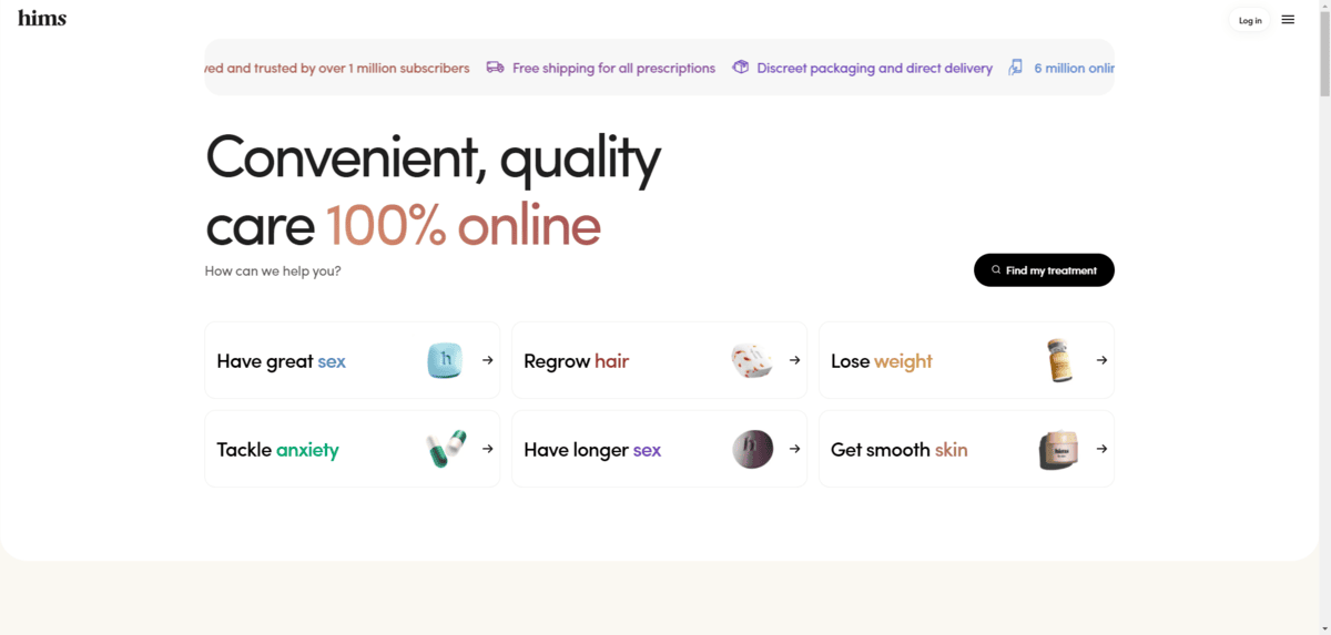 A screenshot of the homepage of the Hims website shows a more muted approach to web design. The background of the hero section is white. The text on top of it as well as the button on the right are black. There’s also the occasional color accent. Brown is a common accent color, but there are also blues, greens, and purples.