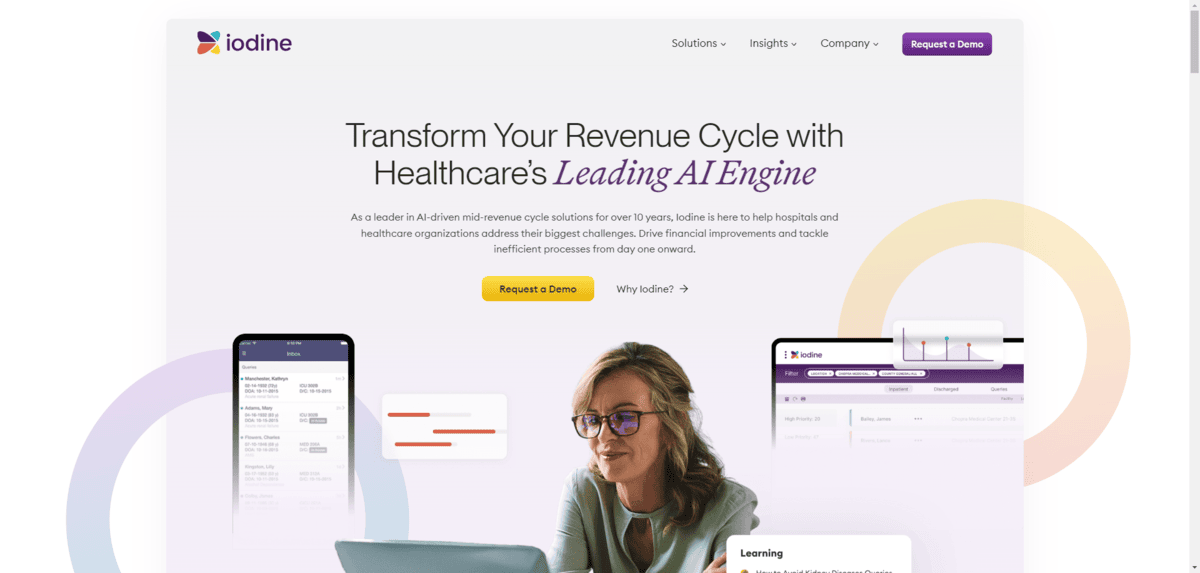 The homepage for Iodine Software uses lots of color, but in a smart way. In the background of the colorful logo as well as the purple and yellow buttons and shapes is a white background and gray container. The homepage for Iodine Software uses lots of color, but in a smart way. In the background of the colorful logo as well as the purple and yellow buttons and shapes is a white background and gray container.