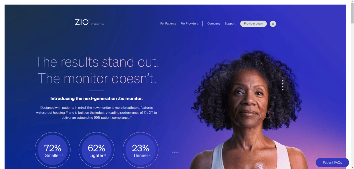 A screenshot of the Zio by iRhythm homepage hero section. The background consists of a dark blue to bright blue to pink gradient. There is also a blue-to-pink gradient in the headline that reads “The results stand out. The monitor doesn’t.” A screenshot of the Zio by iRhythm homepage hero section. The background consists of a dark blue to bright blue to pink gradient. There is also a blue-to-pink gradient in the headline that reads “The results stand out. The monitor doesn’t.”