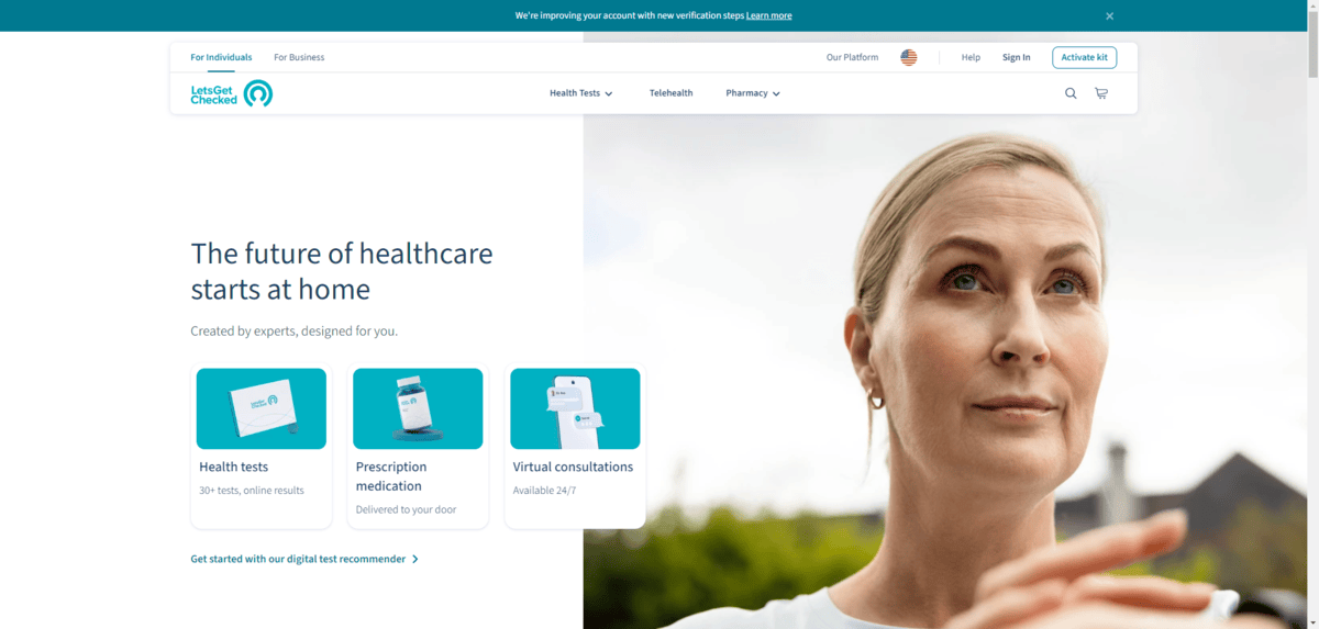 The primary color used on the LetsGetChecked website is teal. We see different shades of it used in the logo, notification bar, buttons, and graphic backgrounds. The primary color used on the LetsGetChecked website is teal. We see different shades of it used in the logo, notification bar, buttons, and graphic backgrounds.