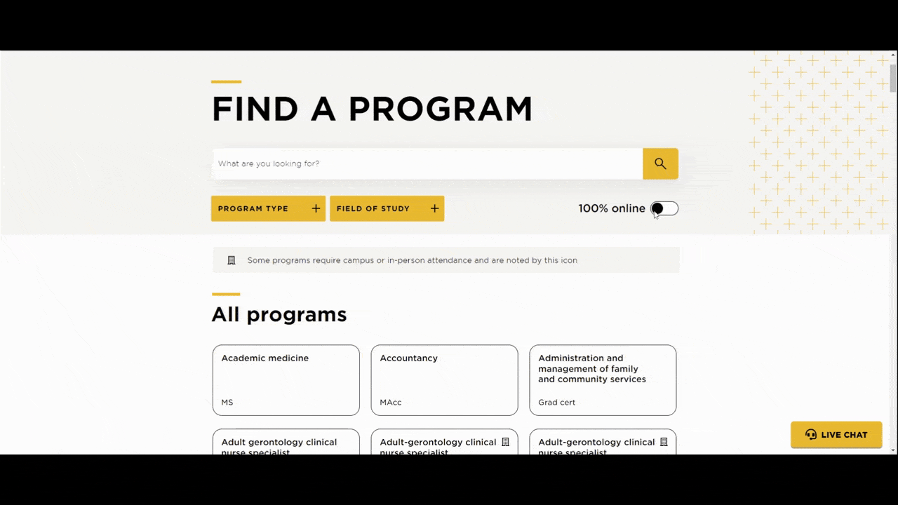 A GIF from the “Find a Program” page on the Mizzou Online website. A user searches for “linguistics”, but finds no results either online or in person. So they search “for language”. Three results appear for teaching English to speakers of other languages. When only the “Certification preparation” option is selected, it goes down to one result. A GIF from the “Find a Program” page on the Mizzou Online website. A user searches for “linguistics”, but finds no results either online or in person. So they search “for language”. Three results appear for teaching English to speakers of other languages. When only the “Certification preparation” option is selected, it goes down to one result.