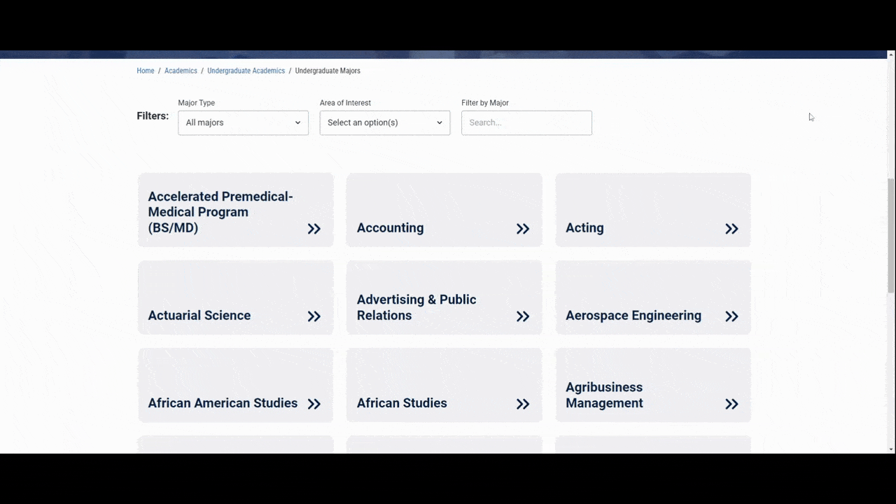 In this GIF from the Majors page on the Penn State University website, a user searches through the available majors. First, they scroll to the bottom of the cards listing each major. At the bottom is a numerical navigation that shows there are 18 pages of cards to look through. So then they search for “linguistics”, “language”, and “english” to see what sorts of matches there are.