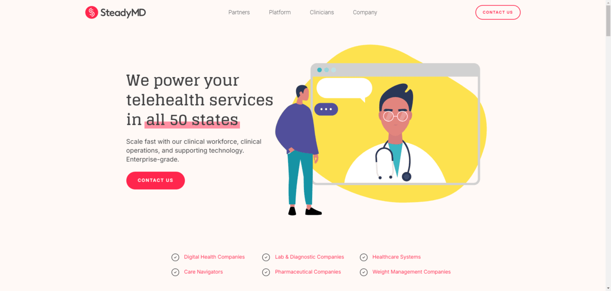 The SteadyMD homepage is an example of how to use lots of red color without making it feel negative. The background is a very light red. The logo and button red is softer, likely mixed with pink. The same goes for the text links and text highlighter lines.