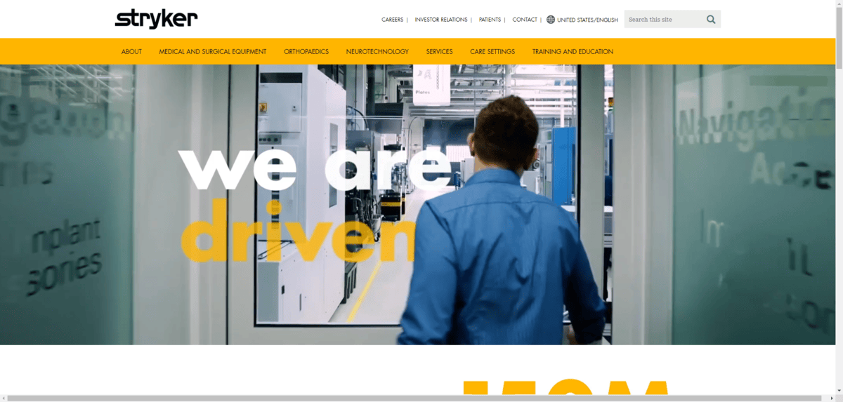 Although the Stryker website uses lots of golden accents, it uses an all-black font for its branding.